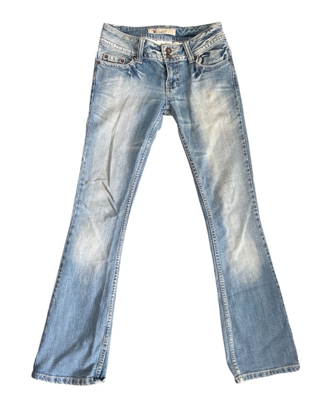 Y2K Wet Seal Low-Rise Flare Light Denim Jeans distressed patches